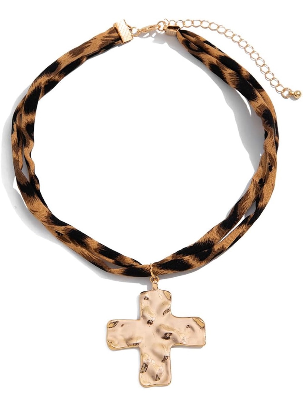 Anthropologie Leopard Print Choker with Hammered Gold Cross Pendant